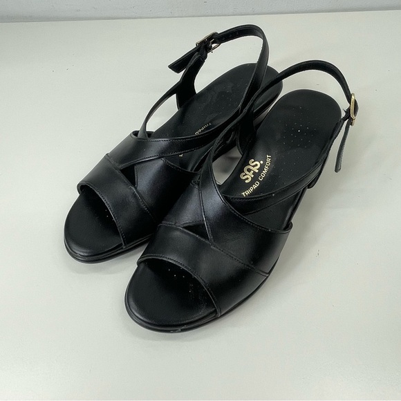 SAS Caress Black Leather Open Toe Comfort Sandal Size 7.5 - Picture 1 of 8